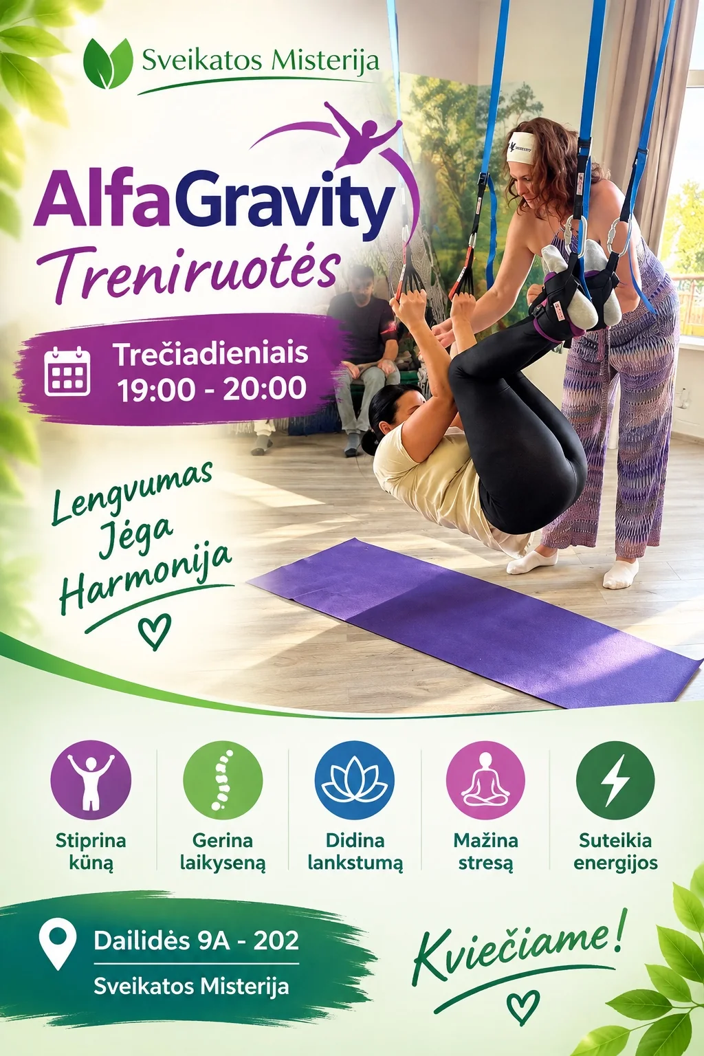 Sveikatos Misterijos Alfa Gravity treniruočių plakatas: trečiadieniais 19:00–20:00, Dailidės g. 9A–202