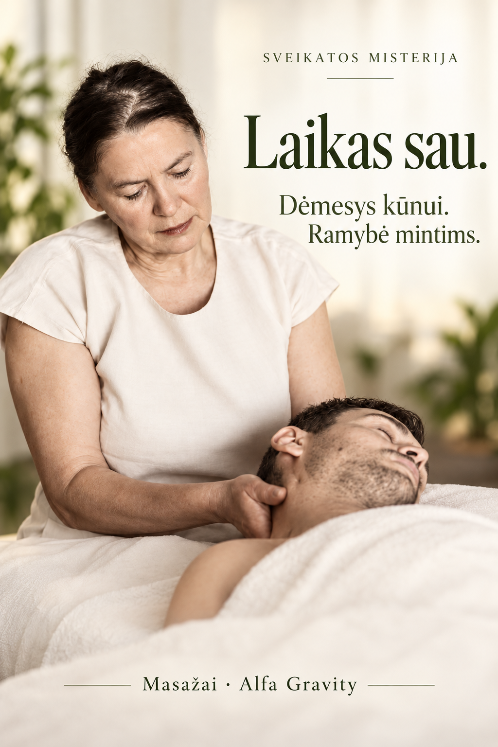 Sveikatos Misterija: Laikas sau. Dėmesys kūnui. Ramybė mintims. Masažai ir Alfa Gravity.